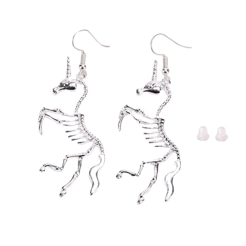 2 Pair Women Exaggerated Unicorn Skeleton Earrings Original Trendy Unicorn Animal Bone Dangle Earrings