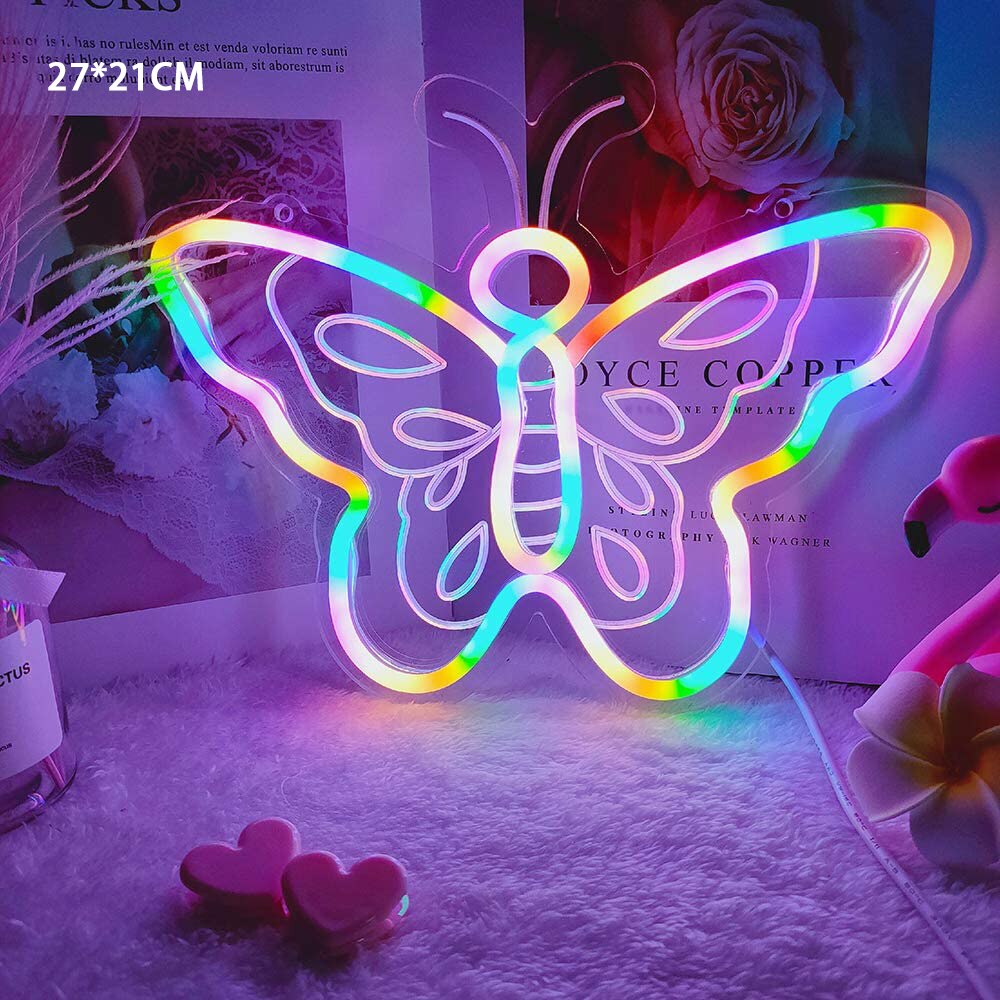 Regenboog Vlinder Kroon Light Sign Usb Powered Kleurrijke Dimbare Schakelaar Led Neon Teken Voor Slaapkamer Shop Bar Aanmelden Party Decoratie