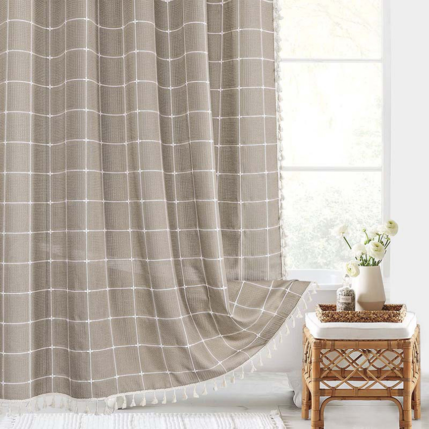 Jacquard-Leinen-Duschvorhang mit Quasten, nordische wasserdichte dicke Badvorhänge für Badezimmer, Badewanne, Badeabdeckung mit Haken: 200*230cm / Lila
