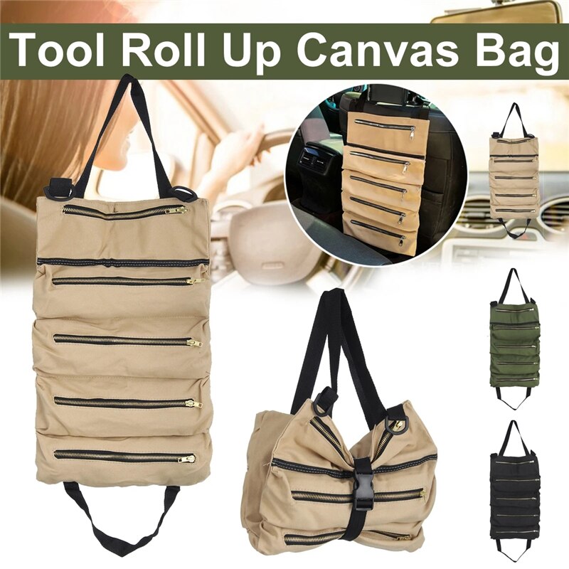 Car Seat Back Tool Bag Organizer Roll Up Canvas Pouch Tools Carrier Storage Bag Hanging Tool Zipper Carrier Tote
