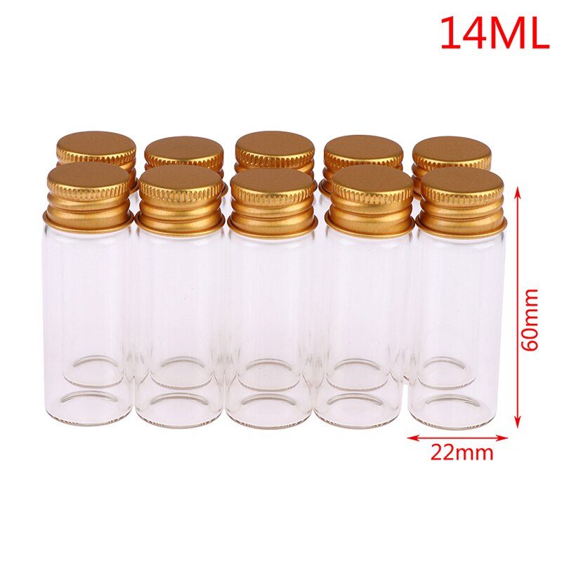 10 stk 5ml/7ml/10ml/14ml/18ml/20ml glassflasker med aluminiumslokk små miniglass 6 størrelser u-plukke: D