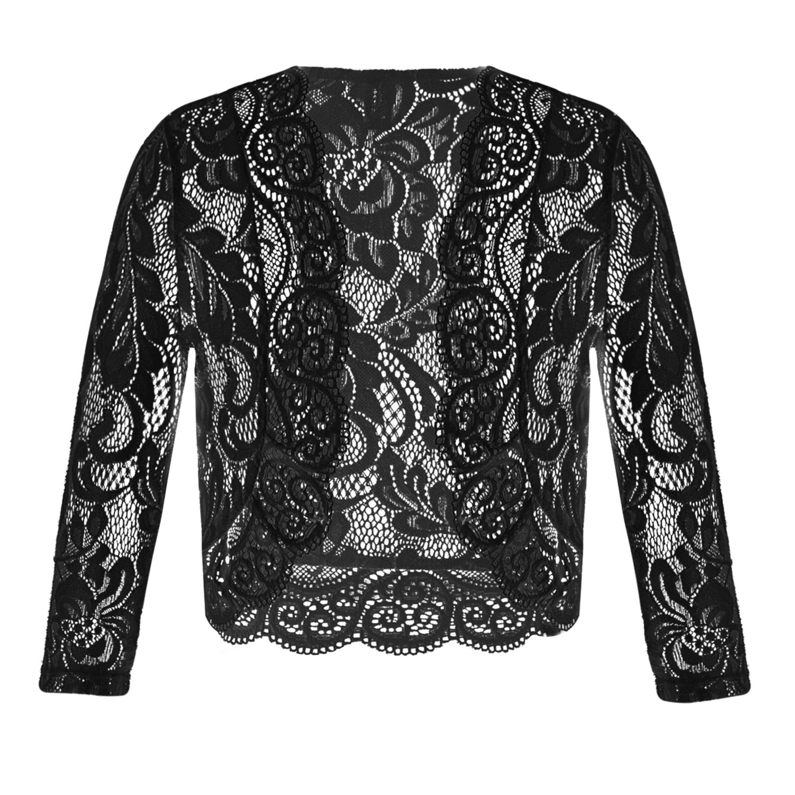 Girls Lace Bolero Shawl Long Sleeve Shrug Flower Girls Jacket Children Open Front Cardigan Princess Outerwear Kids Wrap: Black / 4