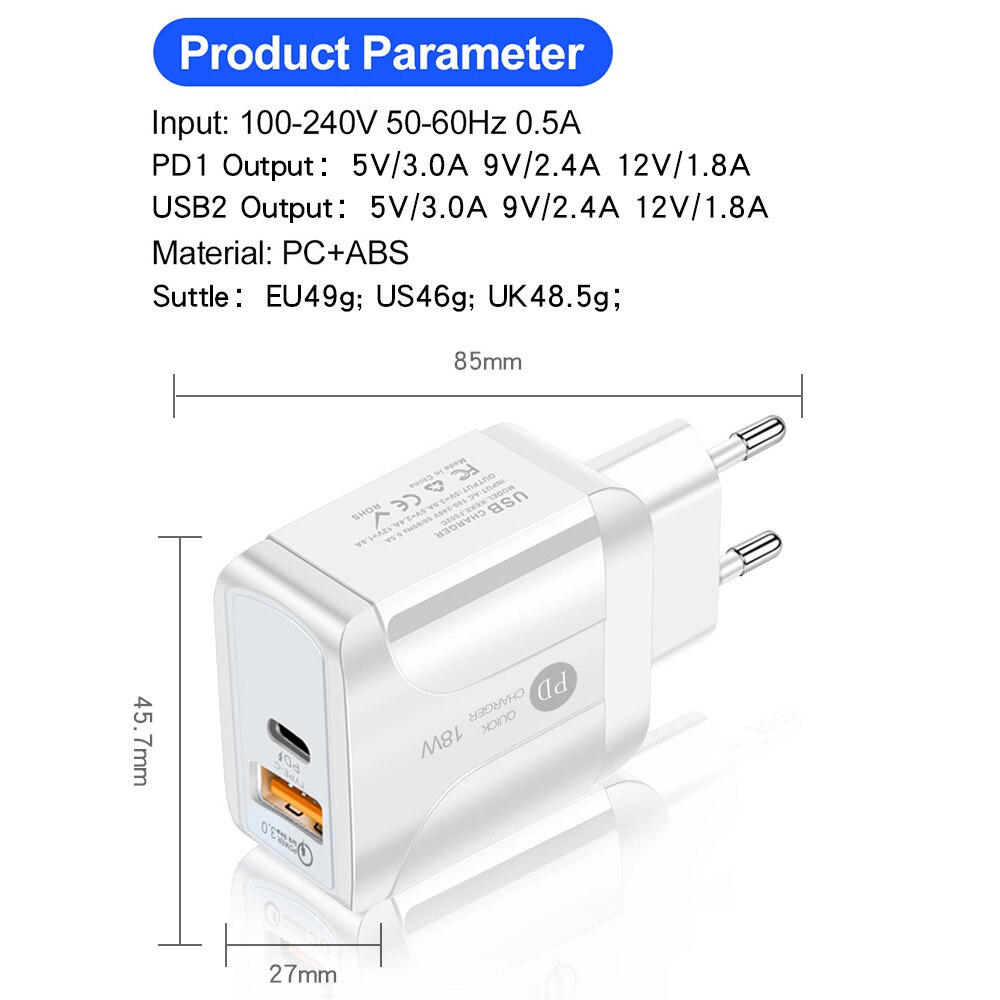 PD18W szybkie ładowanie 5V3A kompatybilny QC3.0 type-c ładowarki do telefonów komórkowych wtyczka Adapter ładowarki USB do głowicy ładującej ue/usa/UK