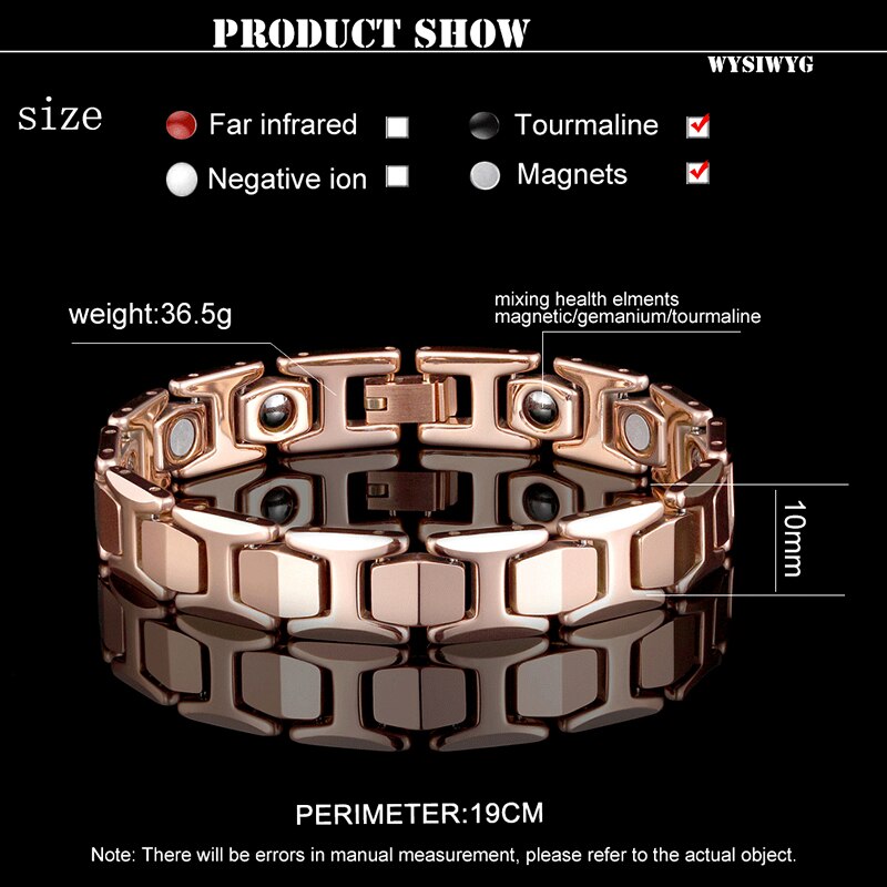 Healing Magnetic Bracelet Men/Woman Titanium steel 2 Health Care Elements Magnetic Tourmaline Rose Gold Bracelet Hand Chain