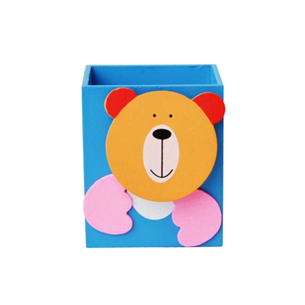Wooden Pencil Holder Cartoon Pen Organizer Container Desktop Cute Stationery Desk Decoration For School Office Kids Children: Blue-Bear