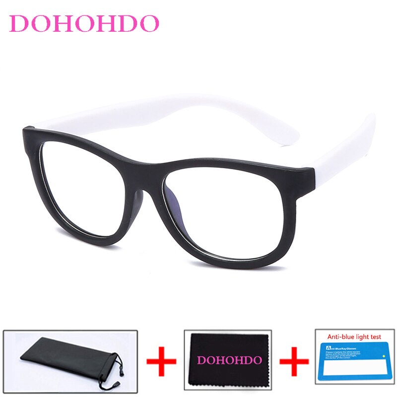 Dohohdo blåt lys blokerende glas fleksibelt  tr90 sikre briller piger drenge almindeligt spejl anti-blåt lys silikonebriller  uv400: Sort hvid