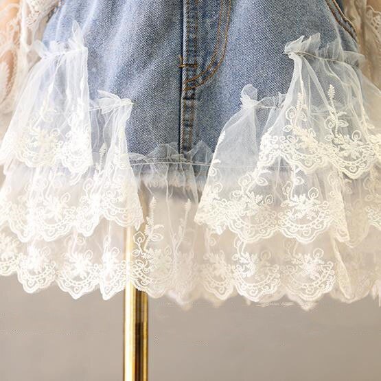 Grote Meisje Kids Kant Denim Rokken Meisje Kinderen Casual Geplooide Jeans Rok Kinderen Zomer Kleding 2 om 13 Yr