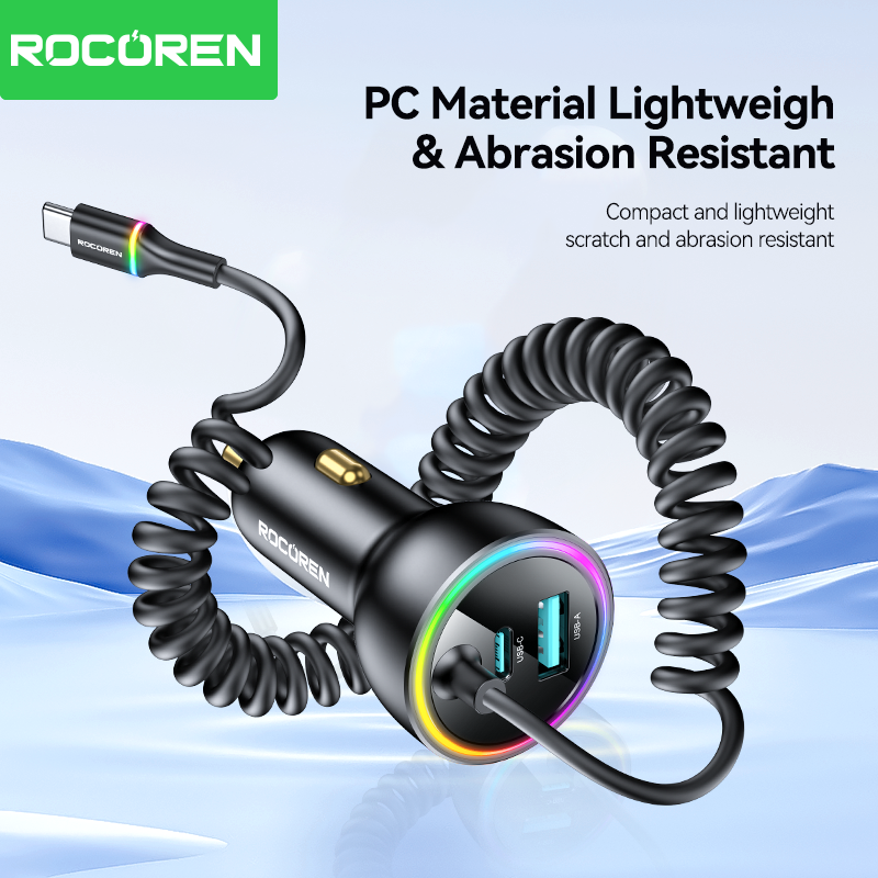 Rocoren-cargador de coche USB C de 70W con Cable LED de resorte, adaptador de carga de coche tipo C USBC para iPhone 16 15 Pro Max Xiaomi