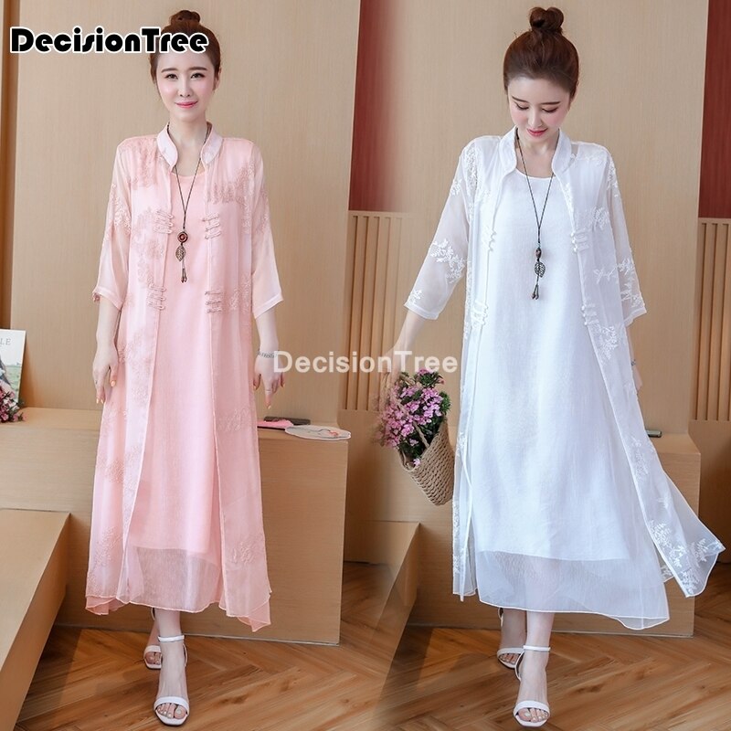 chinese dress qipao suit cotton linen cheongsam Two Piece Midi Dresses Vestidos Casual embroidery cardigan + dress robe