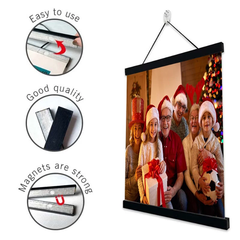 DIY Magnetic Wood Poster Frame Teak/Pine Photo Hangers Hanging Kit for Pictures Canvas Prints Poster Scroll Artwork Print Holder
