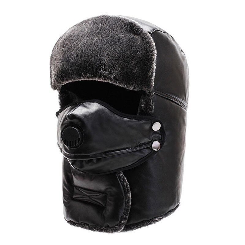 Fur Leather Russia Army Mask Hat Thick Warm Winter Outdoor Hat Bomber Hat Waterproof Hat LeiFeng Hat Full Protectional Hat: black