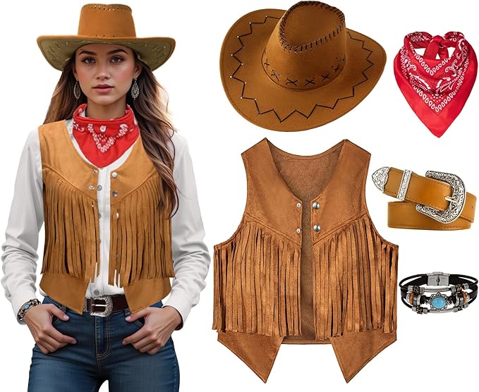 Frauen Männer Cowgirl Kostüm Western Weste Hut Gürtel Bandana Set für Cowboy Quasten Fransen Weste Halloween Outfits Wild West Cosplay: L / Kakifarbig
