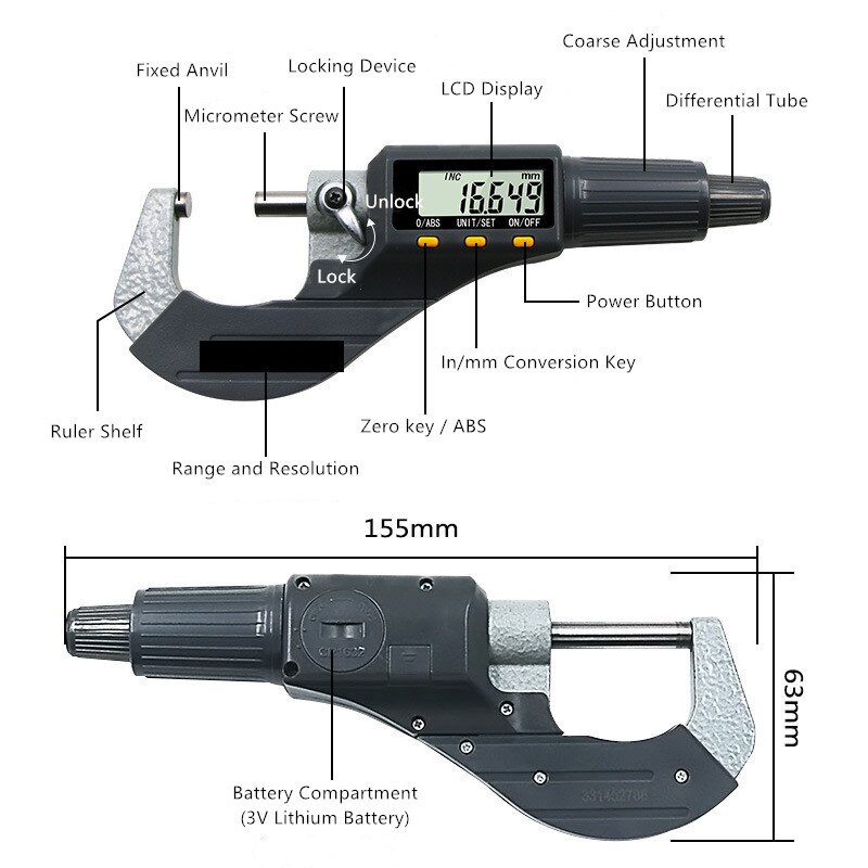 0-25 mm Electronic Outside Micrometers 0.001mm with Extra Large LCD Screen Digital Micrometer Electronic Digital Measure Tools