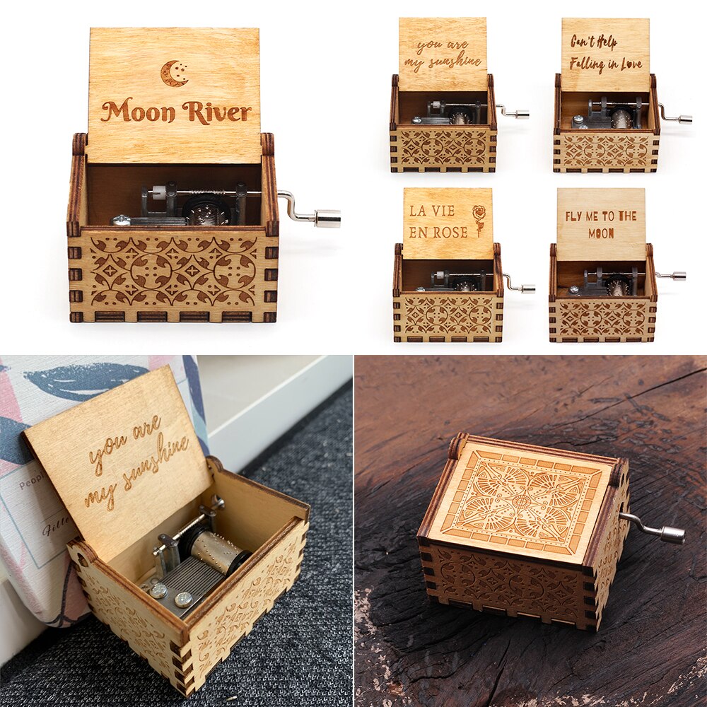 Graveren Handgemaakte Houten Muziekdoos Hand Crank Music Box Antieke Gesneden Vintage Aanwezig Kerst Cadeau Voor Liefhebbers