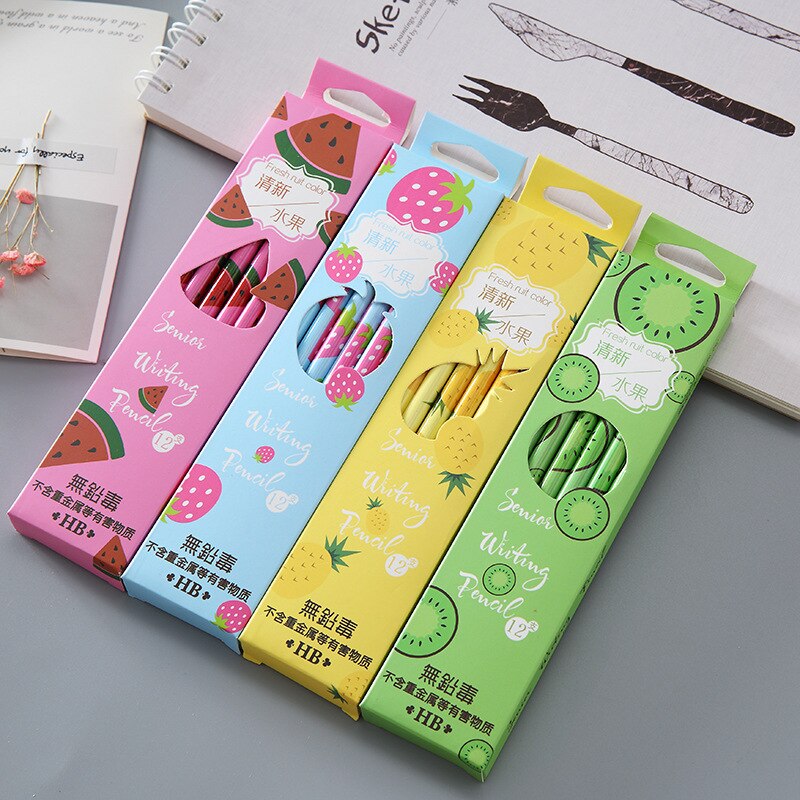 Juego de 12 Uds frutas Kawaii de EZONE, bolígrafos HB bonitos de Color caramelo para escribir y dibujar, plumas de grafiti para la escuela y la Oficina