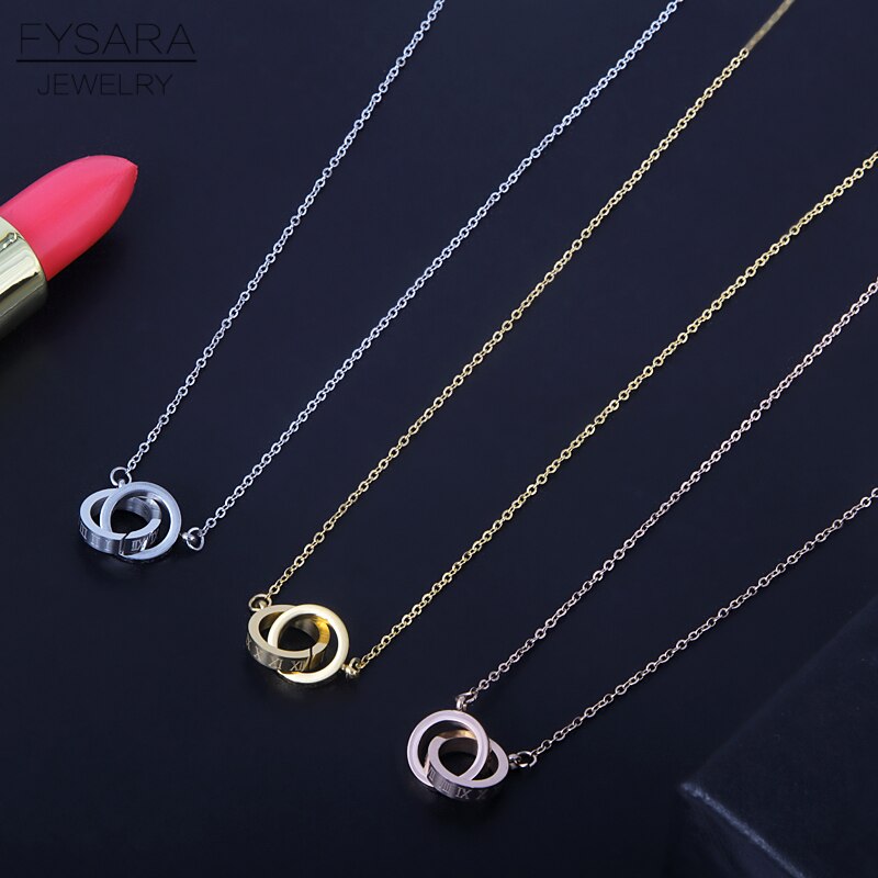 FYSARA Classic Brand Love Two Circle Double Buckle Necklace Roman Numeral Flower Clover Necklace Stainless Steel Gold Clavicle