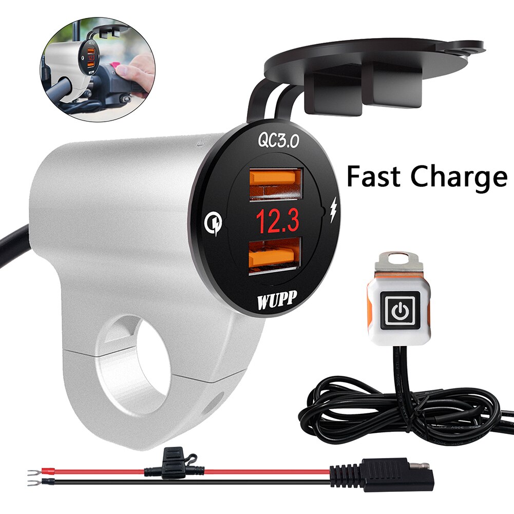 12v qc3.0 dubbele usb 2.4a motorfiets telefoonladers waterdicht super snel opladen met voltmeter schakelaar lijn motorfiets accessoires: Snel opladen zilver
