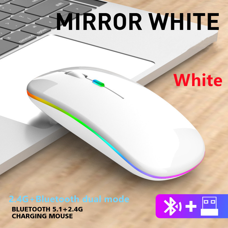 Wireless Mouse Rechargeable Bluetooth Mouse Wireless Computer Silent Mause LED Backlit RGB Ergonomic Gaming Mouse For PC ipad: White