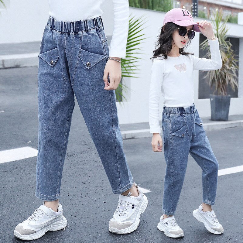 Girls Jeans Patch Pocket Jeans For Teens Girls Elastic Waist Kids Jeans Spring Autumn Casual Jeans Clothes For Girls 6 8 12 Year