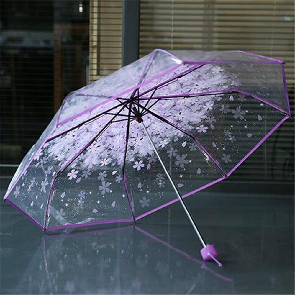 Metalen Pvc Transparant Clear Paraplu Kersenbloesem Paddestoel Apollo Sakura 3 Fold Paraplu Zon En Regen Uv: Purple 