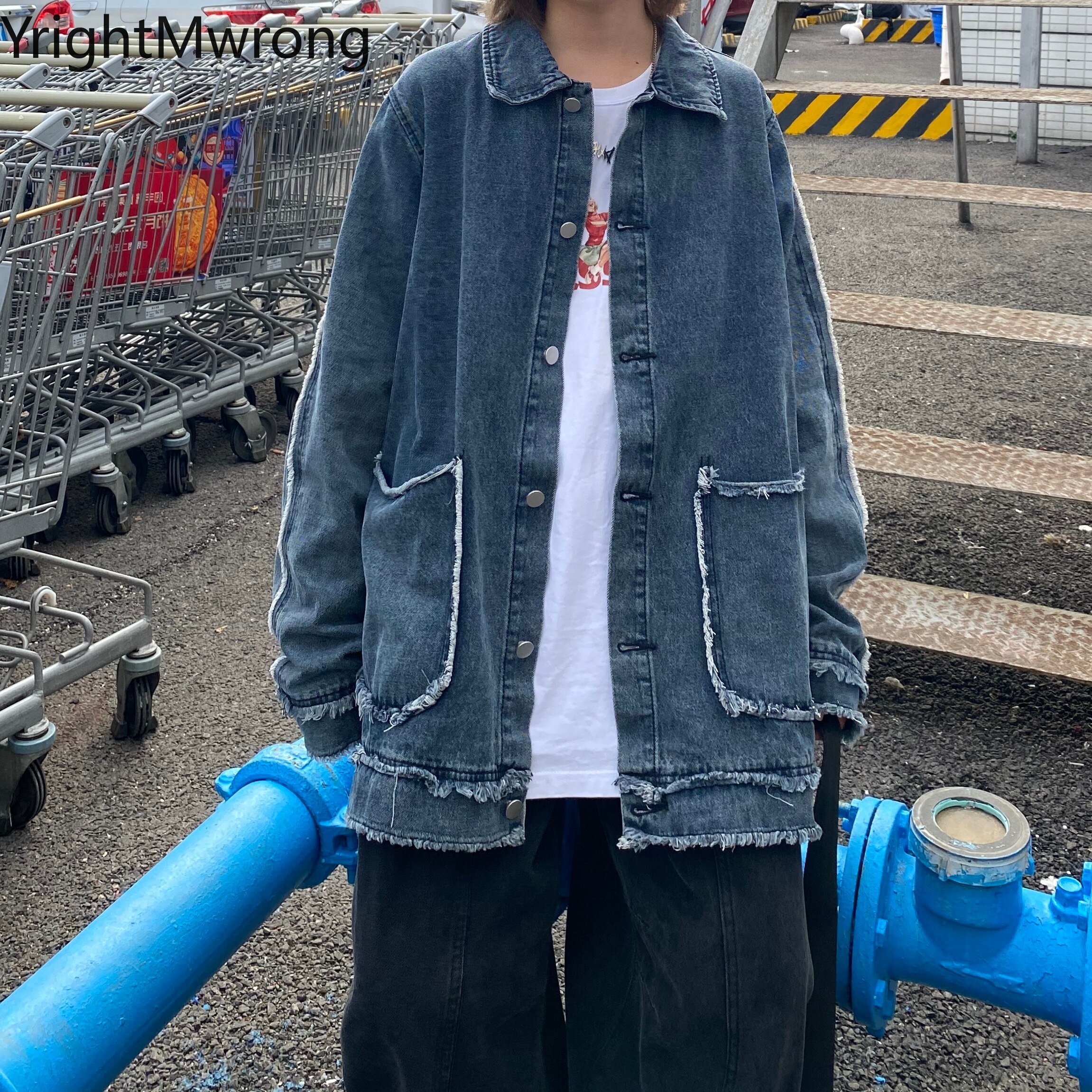 Streetwear Ripped Hip Hop Losse Denim Outfit Herfst Herfst Vrouw Man Jeans Windjack Chaqueta Pocket Button Shirt Blouse