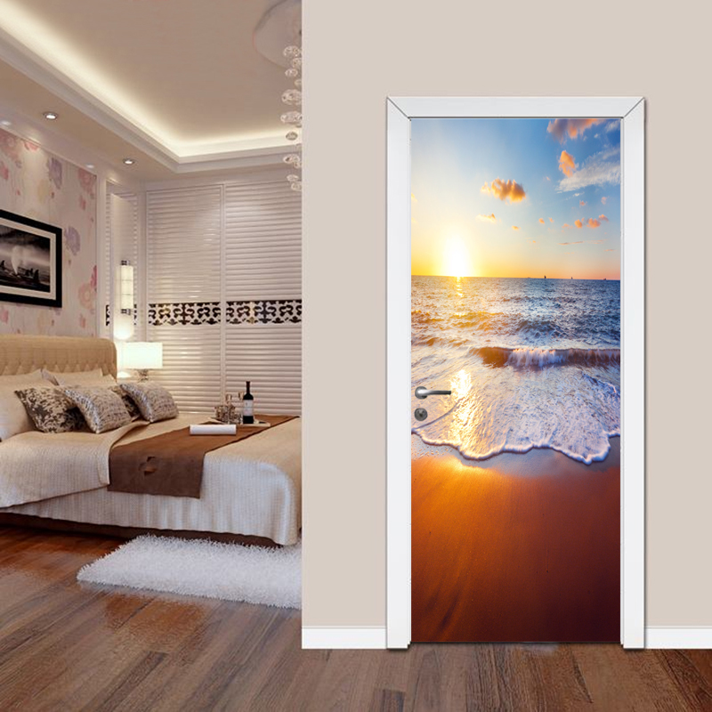 Beach Sunset Seascape Door Sticker Wall Mural Home Decor 3D PVC Waterproof Bathroom Bedroom DIY Self-adhesive Door Sticker