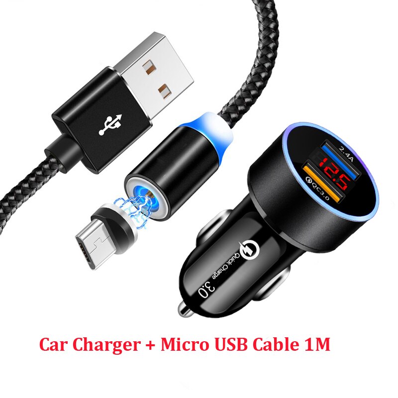 LED Diaplay QC 3.0 Car Charger Magnetic Micro USB Cable For Samsung S4 S6 S7 J3 J7 A3 A6 A7 A8 OPPO A5 A9 Phones: A Set of Black