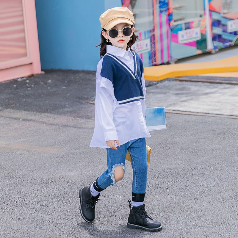 Kids Girls Long Shirt 10 to 12 years Patchwork Tops Autumn Teenage Girls Clothes