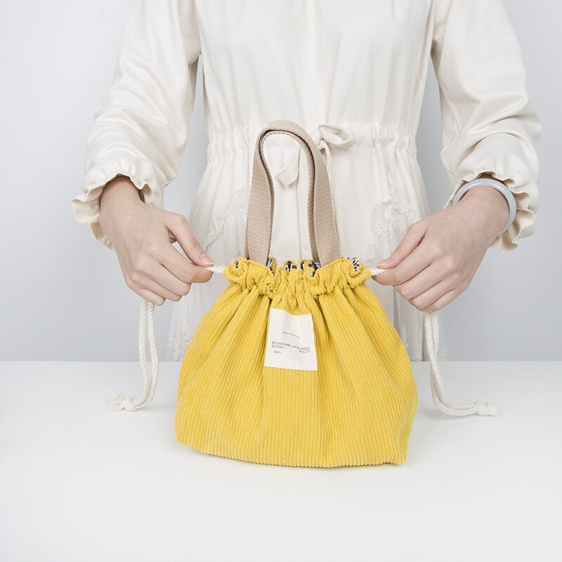 Lancheira portátil de veludo com cordão, bolsa japonesa para lancheira, cor sólida, de lona, feminina, pequena bolsa tote, sacola de comida e piquenique
