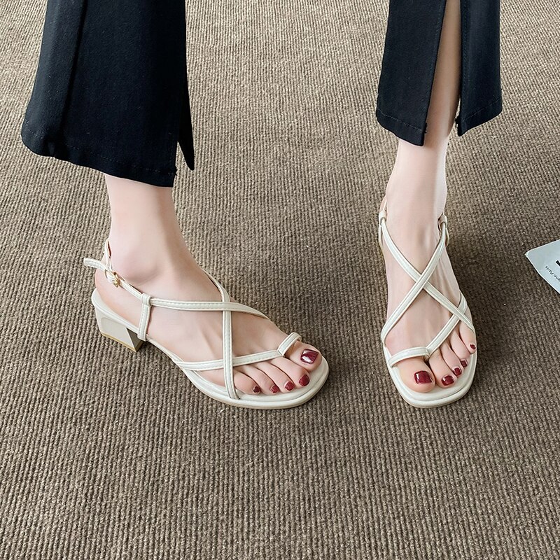 Gesp Beige Hakken Sandalen 2022 Vrouwen Dames Schoenen Zomer Slippers Platform Med Zwart Gladiator Meisjes Corrigerende