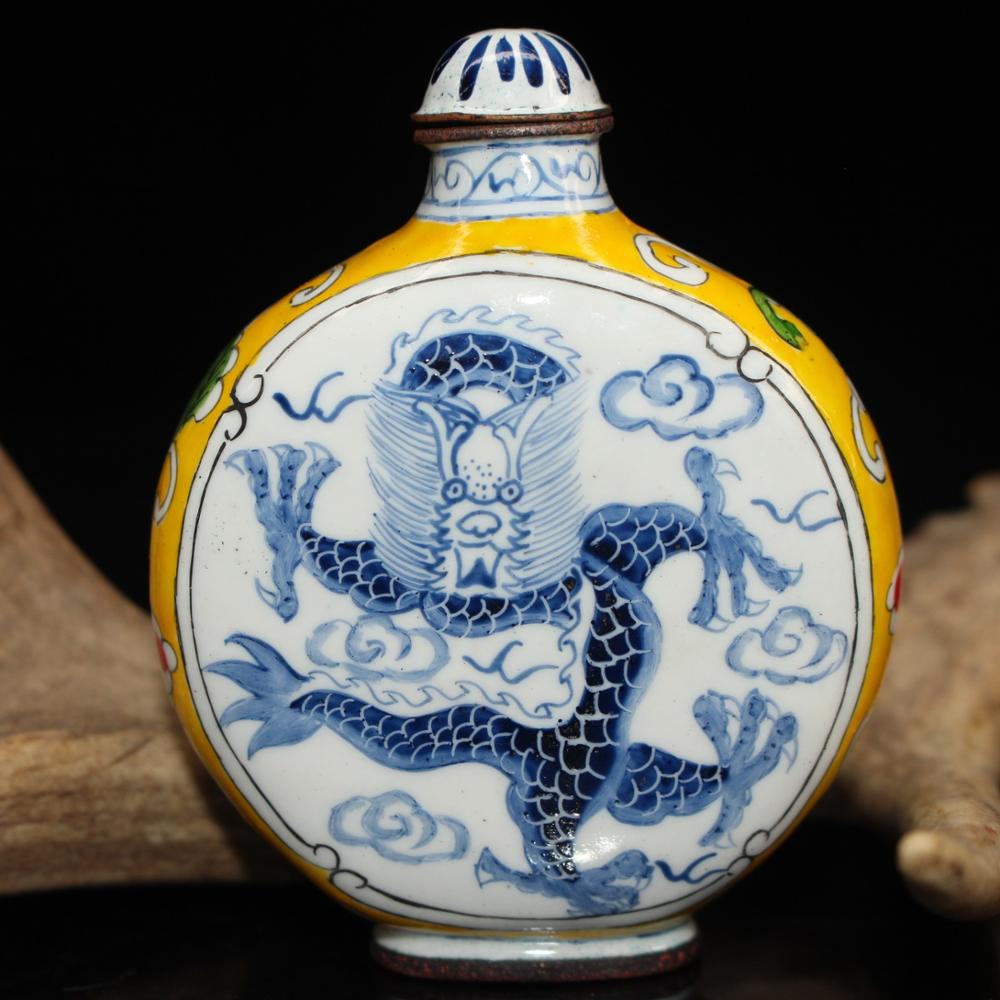 China Oude Beijing Gebruikt Oude Snuff Bottleox Cloisonne Emaille Painted Dragon Snuff Fles