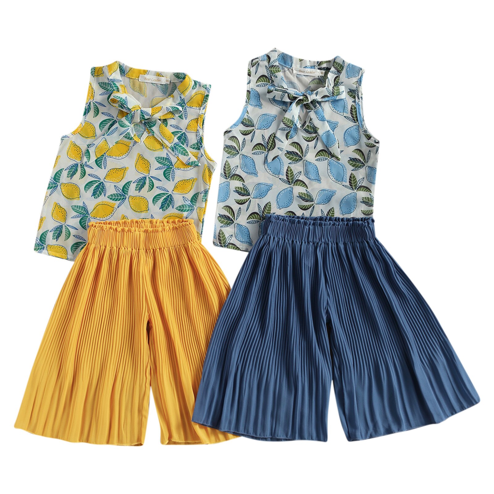 FOCUSNORM 3-7Y Summer Kids Girls Clothes Sets Flowers Print Bow Sleeveless Vest Tops Wide Leg Pants