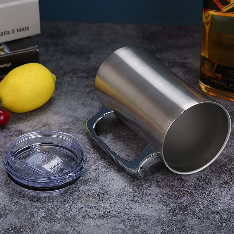 Taza aislante de acero inoxidable con tapa, vaso grande de 20oz, doble pared, vaso con mango, vaso térmico para cerveza