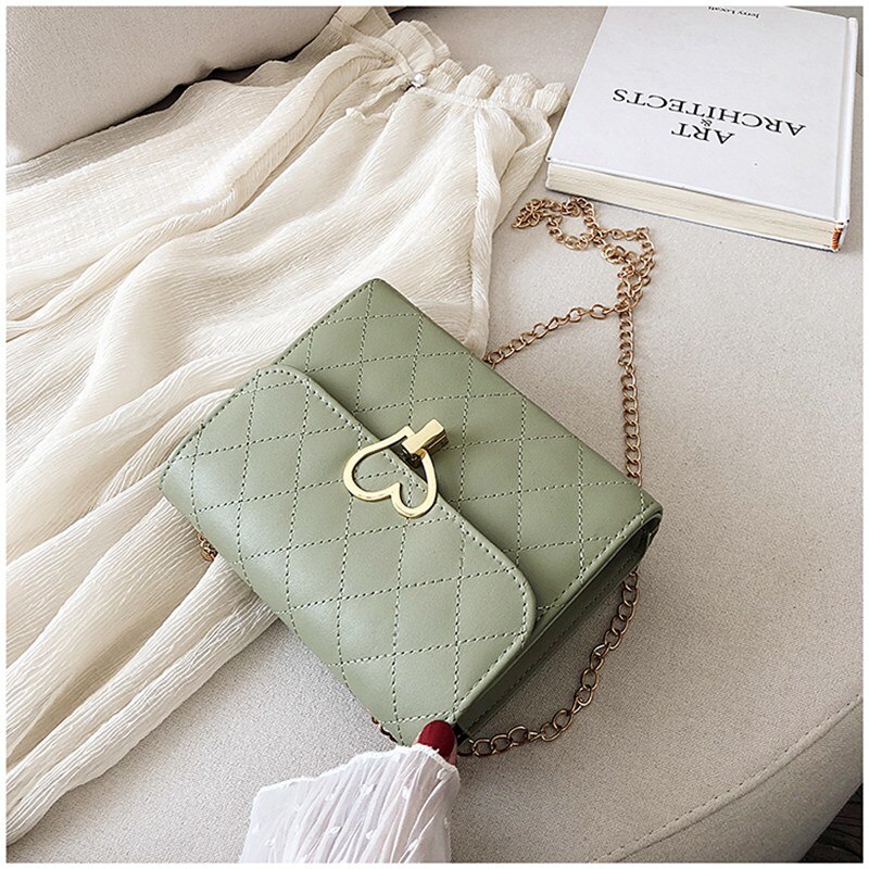 Women Lingge peach heart lock chain square PU Shoulder bag Crossbody Hand Bag Heart Messenger Chain handbag yellow