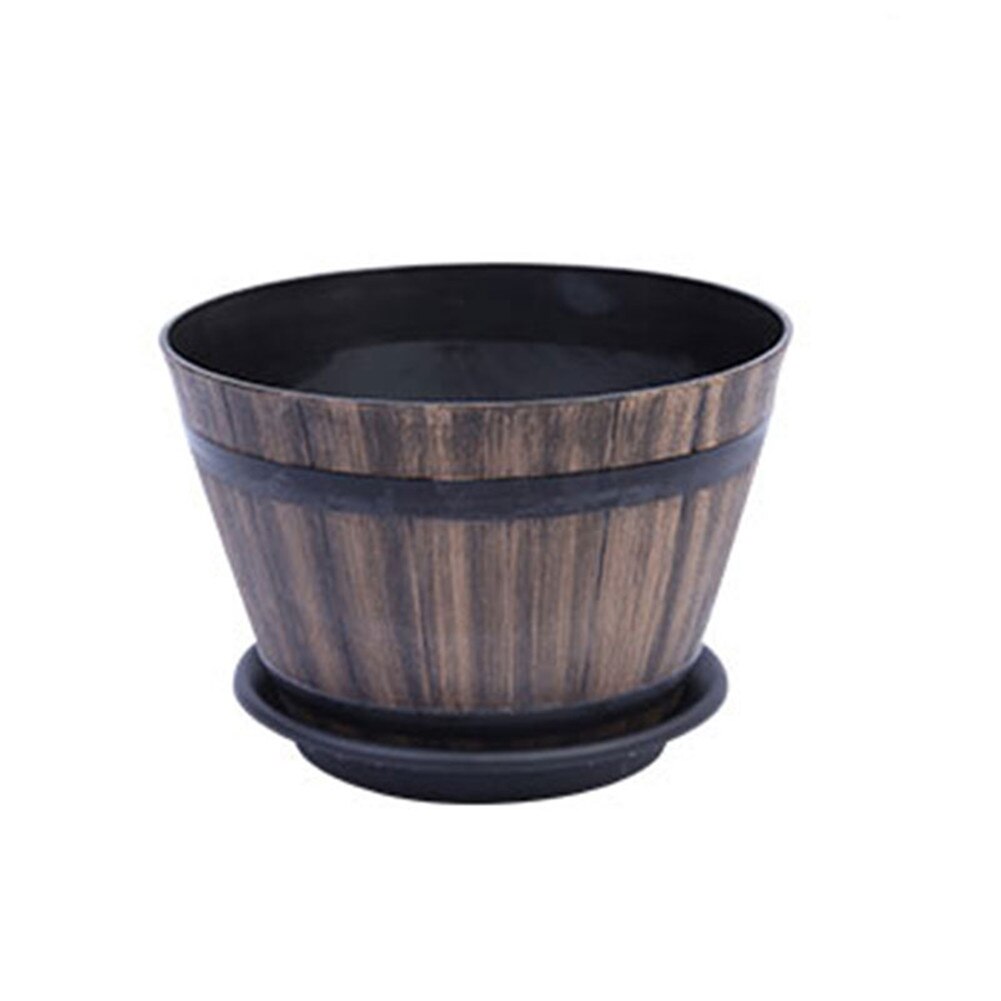 Resin Whiskey Barrel Flower Pot Round Planter Indoor Outdoor Garden Yard Patio MSU88: 230 With Plate