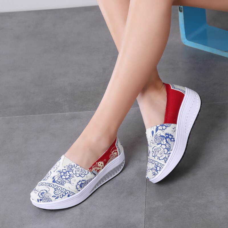 Minika Women Girls Canvas Platform Shoes Printing Slip On Swing Shoes Fitness Height Increasing Toning Walking Shoes