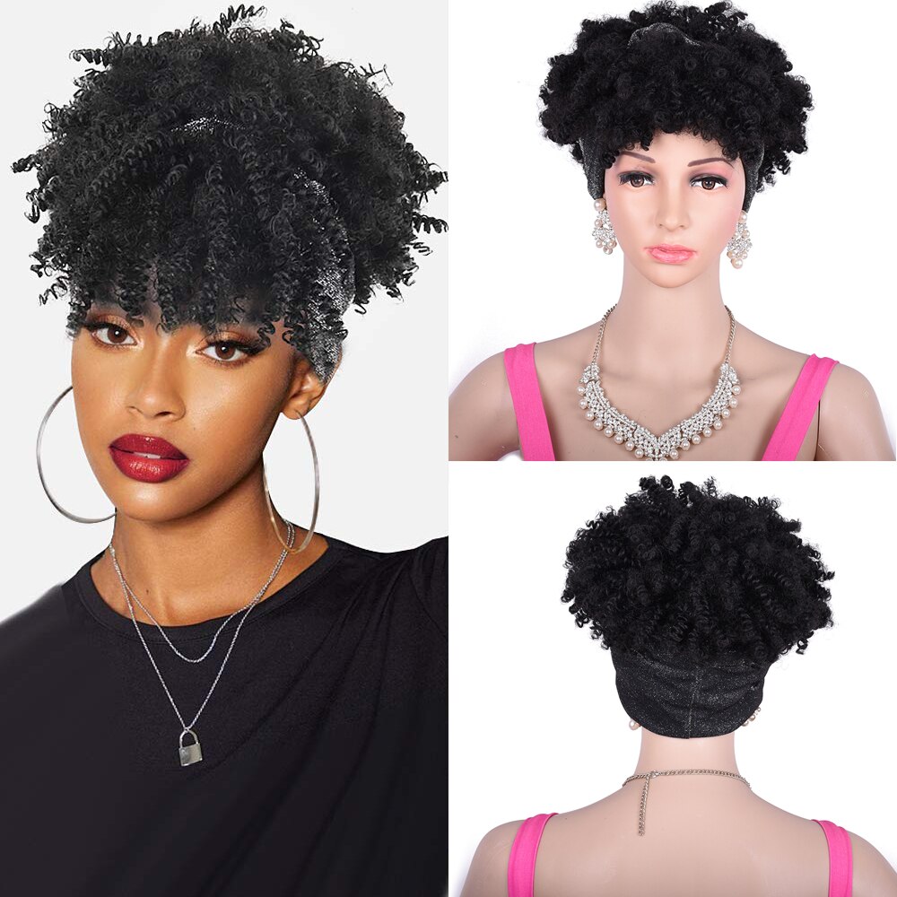 Short High Puff Afro Kinky Curly Drawstring Ponytail With Bang Headwrap Turban Wig for Black Women African Updo: tjg1-1b