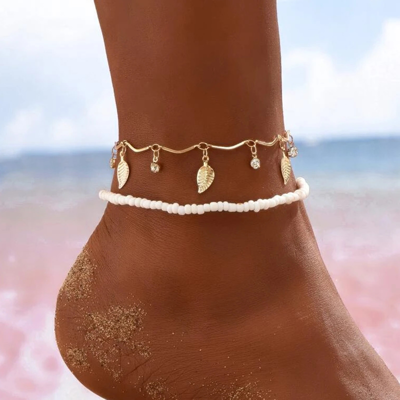 Boho cheville pied perles colorées chaîne été Bracelet coeur pendentif charme cheville sandales pieds nus plage pied bijoux de mariée J027: Couleur or