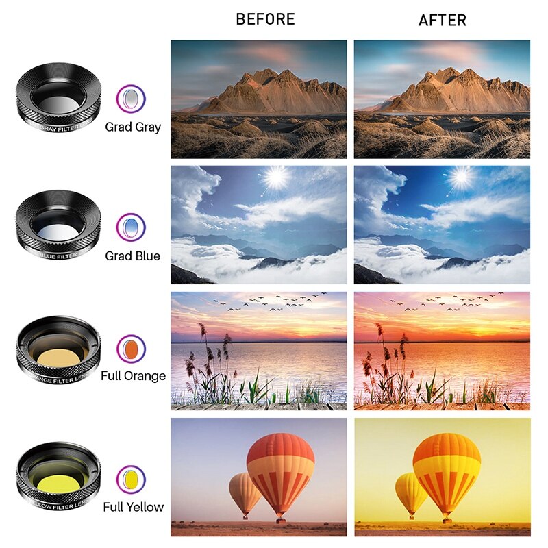 APEXEL 11 in 1 Camera Phone Lens Kit Wide Angle Macro Full Color/Grad Filter CPL ND Star Filter for iPhone Xiaomi All Smartphone