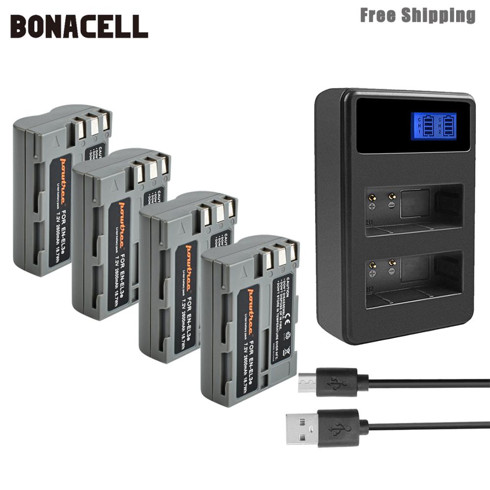 Bonacell – batterie 2600mAh EN-EL3e EN EL3e EL3a ENEL3e, avec double chargeur LCD pour Nikon D300S D300 D100 D200 D700 D70S D80 L50