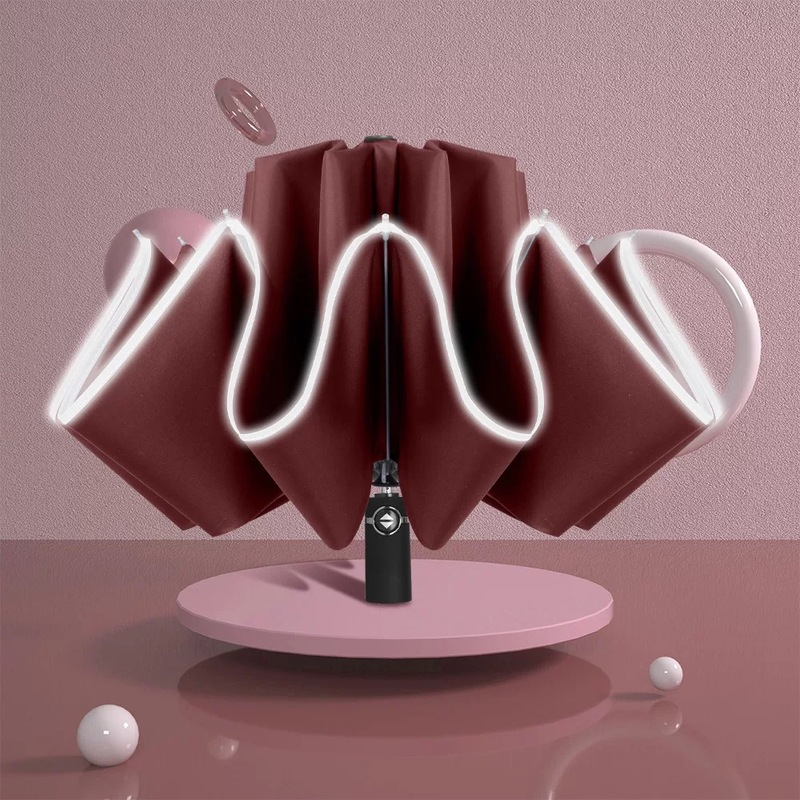 Umbrella Women's Automatic Umbrella Male LED Automatic With Reflective Stripe 3-Folding Inverted 10 Ribs UV Umbrellas