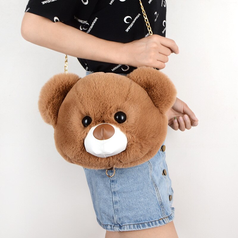 Women Plush Hairy Bag Female Cute Chain Shoulder Messenger Bag Girl Doll Cat Bear Head Bag