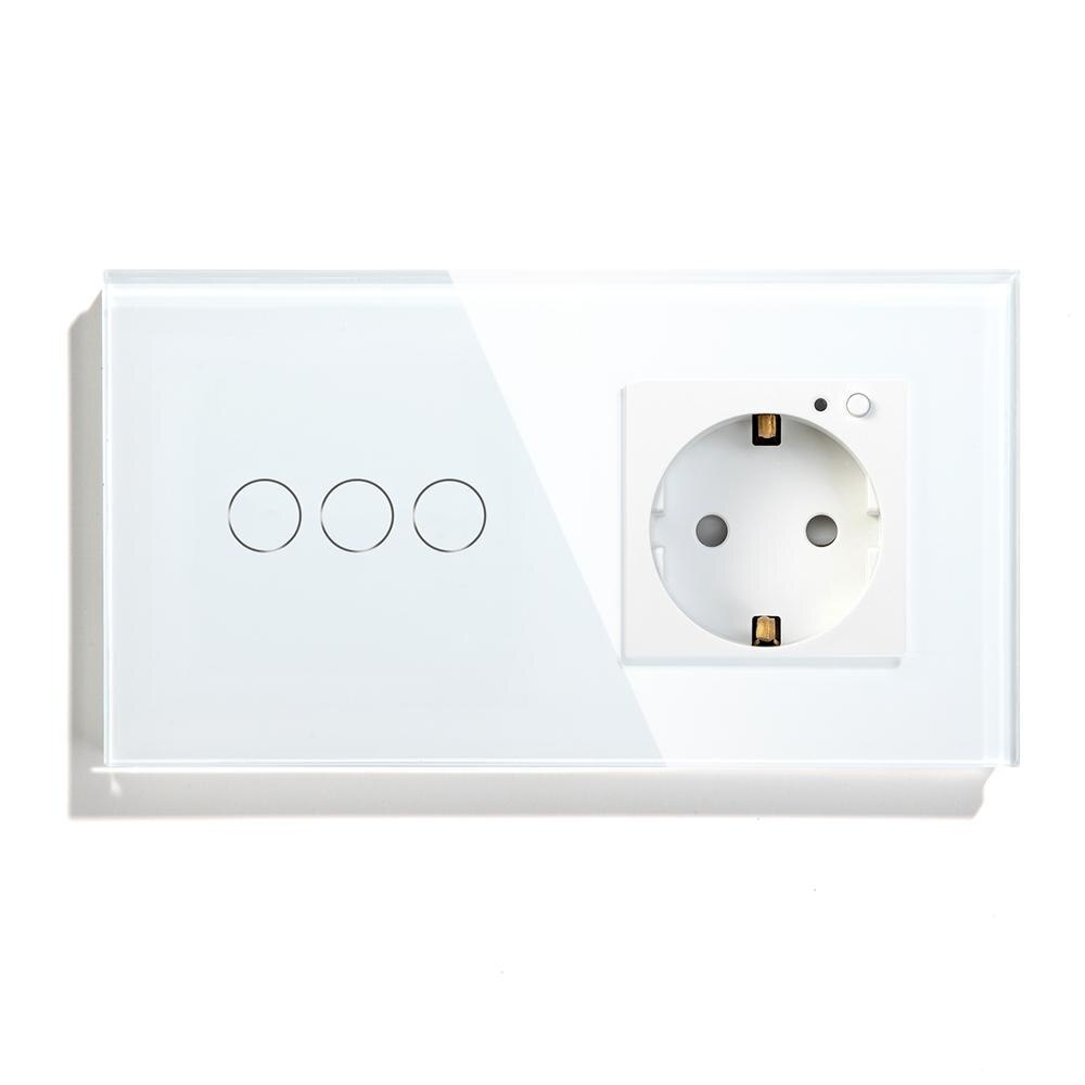 BSEED EU Standard Smart Socket Wifi Touch Switches Crystal Glass Panel Tuya Smart Switch 1/2/3Gang 1/2/3Way Alexa APP Control: White 3Gang