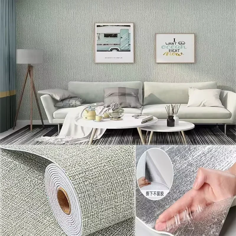 Adhesivo de pared de lino autoadhesivo, papel tapiz, Panel de revestimiento de paredes impermeable para sala de estar, baño, dormitorio, decoración Interior: Amarillo claro / 5.3㎡