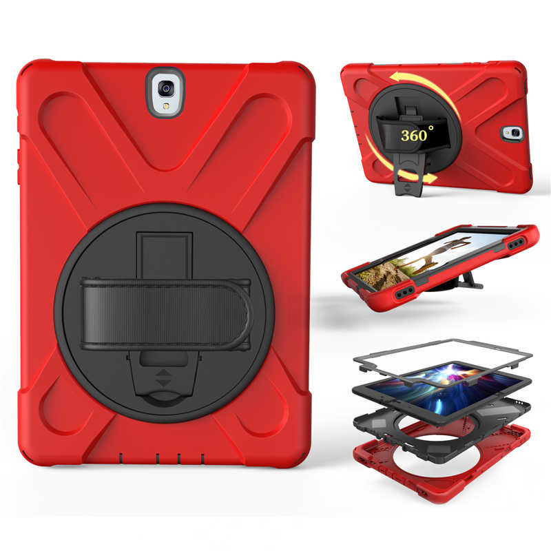 Armor coque voor samsung galaxy tab  s3 9.7 sm-t820 t825 handriem 360 draaibare standaard hoes voor samsung  t820 t825 hoesje 9.7 '': Rood