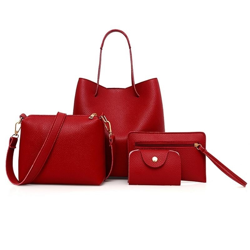 4Pcs Women Handbag Brand Shoulder Bags Wallet Casual Waterproof Tote Bags Crossbody Wallet Bags Large Capacity: Red wine