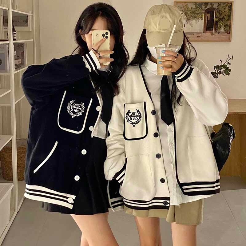 Abrigo de Niña estudiante, chaqueta de béisbol para novia, Rebeca de manga larga suelta Coreana de algodón pequeño americano versátil blanco