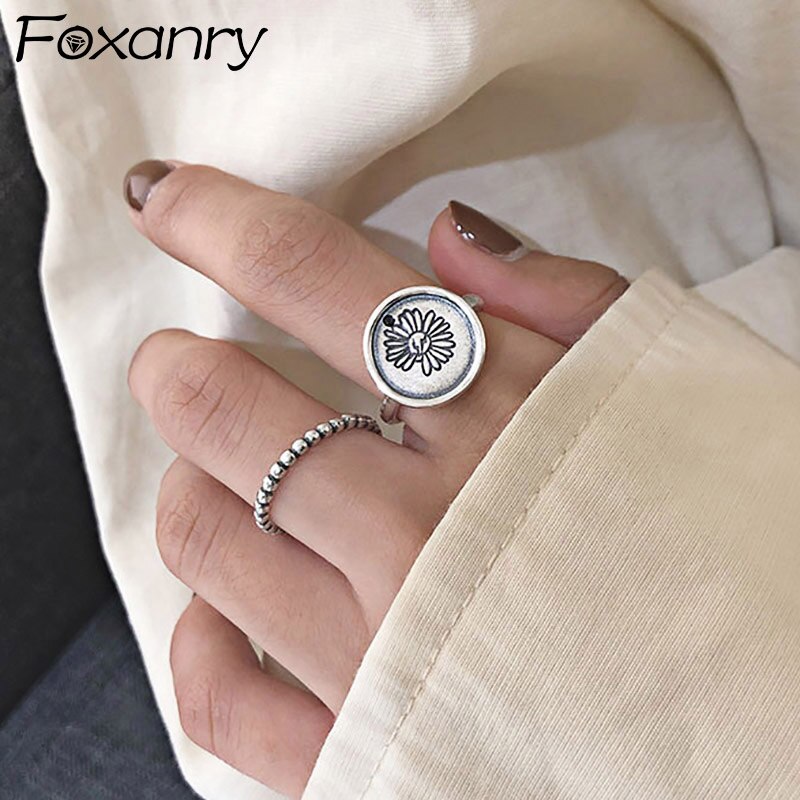 Foxanry INS 925 Sterling Silver Daisy Rings for Women Simple Geometric Vintage Handmade Party Jewelry