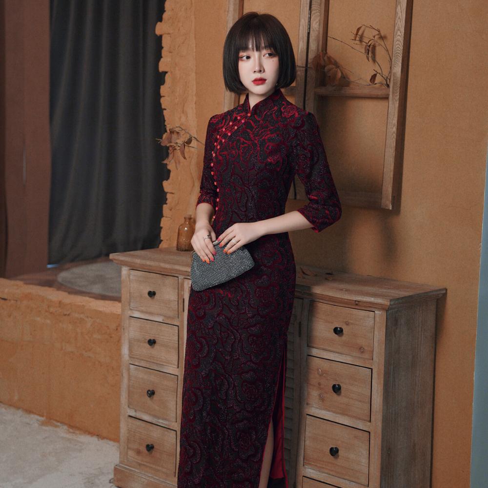 Oriental Long Dress Traditional Chinese Velvet Cheongsam Winter Qipao Dresses Cheongsams Velour Qi Pao: style 2 / M