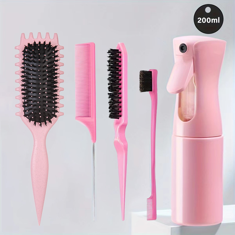 5-Piece Detangling & Styling Set: Curl Candy Bursh Curved Rat Tail Comb Edge Control Brush - Perfect for Salon Results: Red